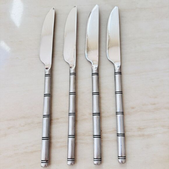 4pc Pier 1 Steak Knife 9” 18/8 Stainless Serrated Satin Ribbed/Bamboo Handle - Picture 6 of 8